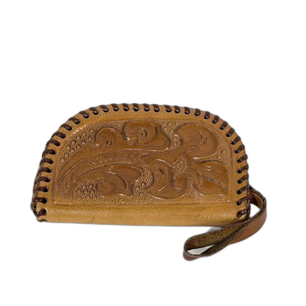 VTG Hand Tooled Coin Purse Zipper Wallet Leather Mini Western Boho Handmade